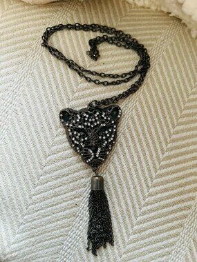 Fierce Gunmetal Pavé Crystal Panther Head Tassel Long Statement Necklace – OS